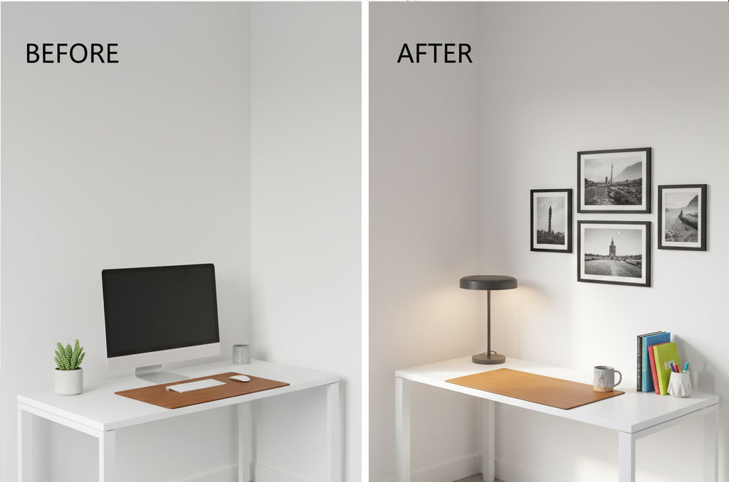A modern office corner showing personal touches