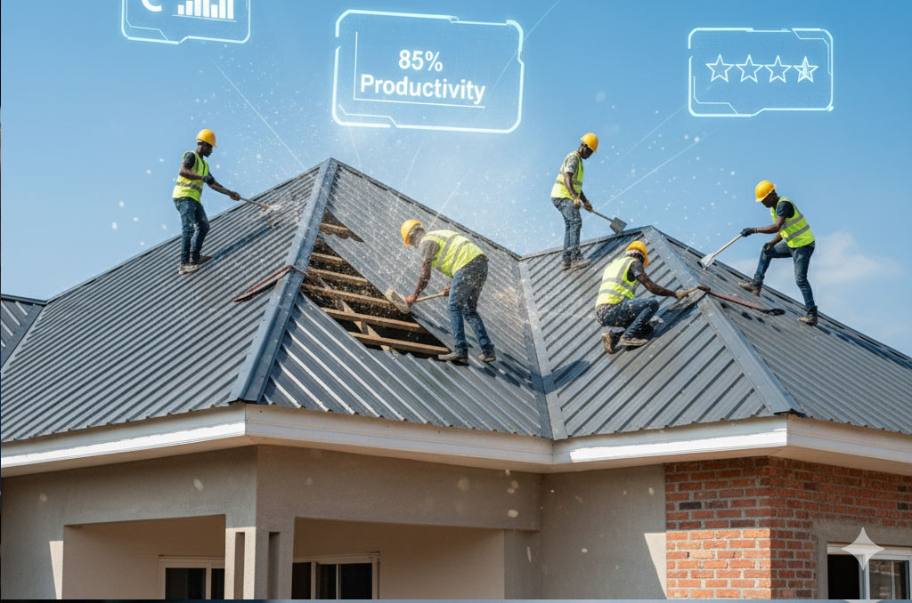 construction crew working on a Nigerian house roof