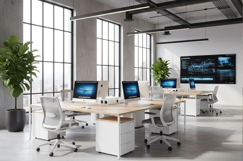 Industrial chic office with polished concrete floors